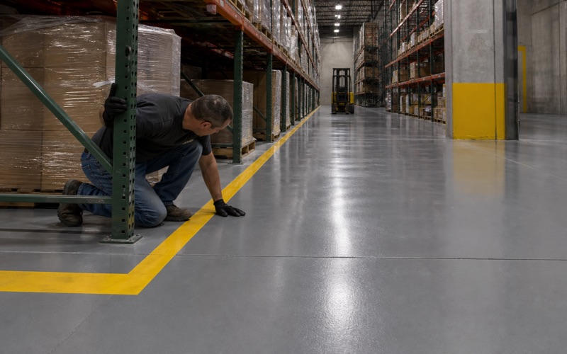 A coated warehouse floor in Pflugerville with striped aisle edges running between pallet racking under high-bay lighting.