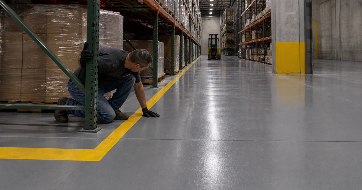 A coated warehouse floor in Pflugerville with striped aisle edges running between pallet racking under high-bay lighting.