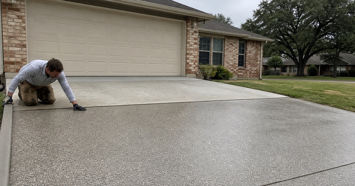 A Pflugerville concrete driveway half coated, with the expansion joint at the property line left open where new work meets old.
