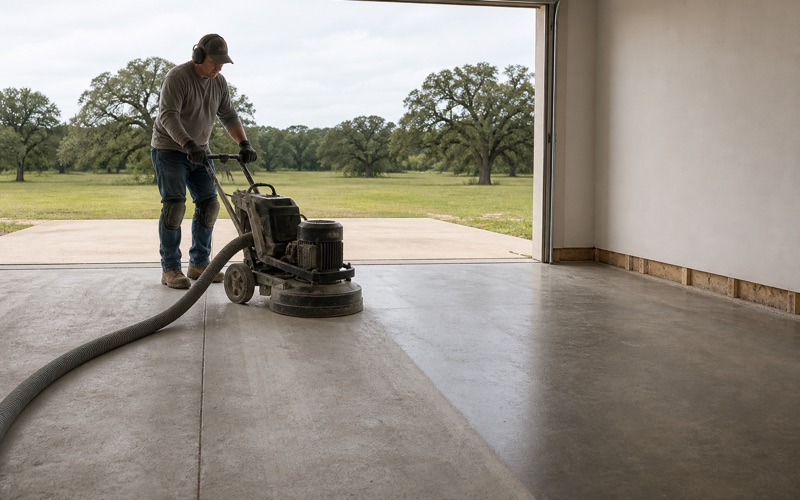 A walk-behind grinder opening the profile on a Pflugerville garage slab, half the floor ground and half still sealed.