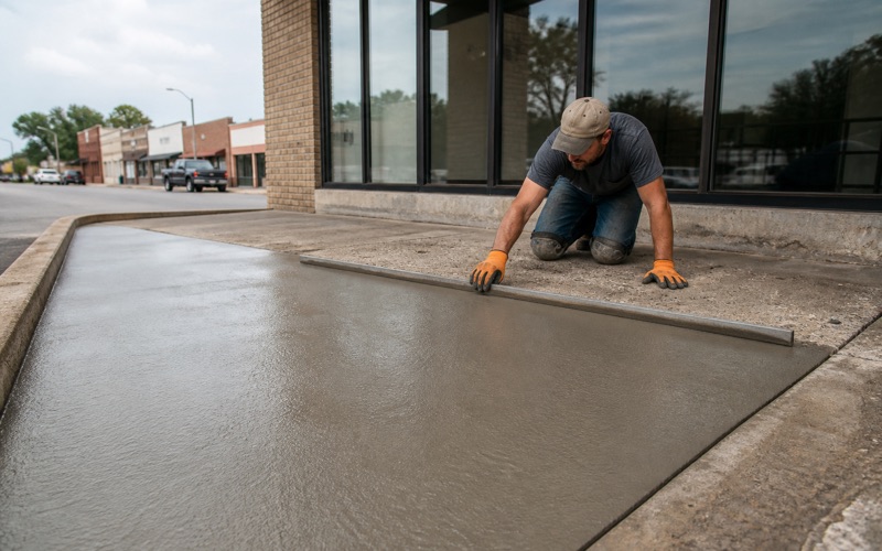 A cementitious overlay going down over worn concrete in Pflugerville, the saw-cut joint carried straight through the new work.