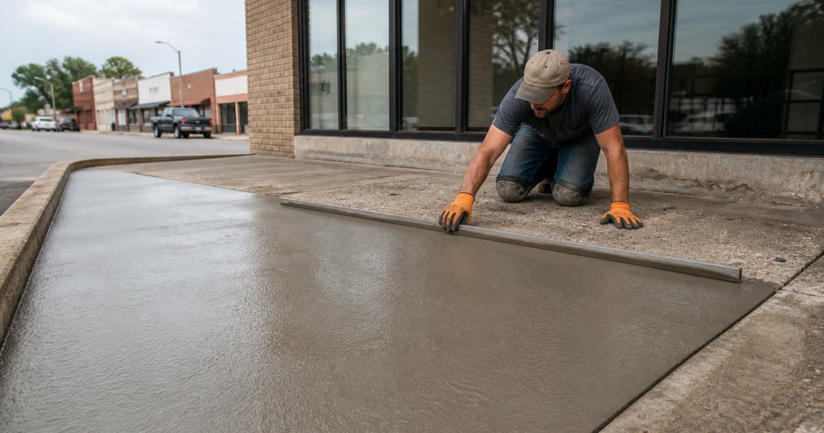 A cementitious overlay going down over worn concrete in Pflugerville, the saw-cut joint carried straight through the new work.