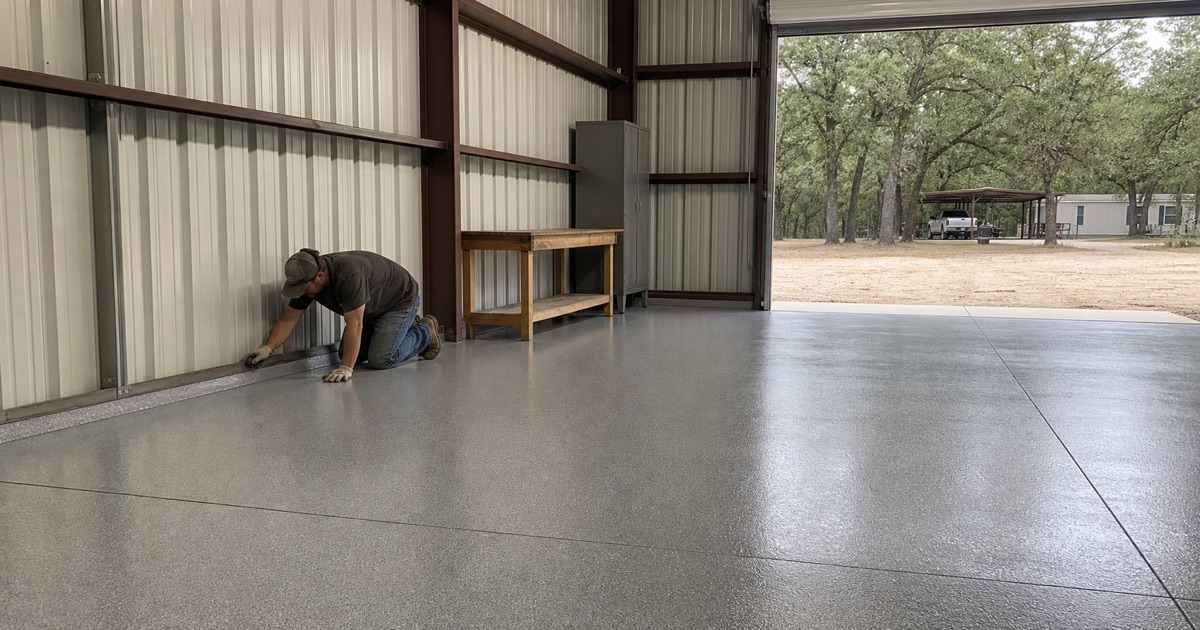 A coated slab in a detached metal shop building on an acre lot in Camp Swift