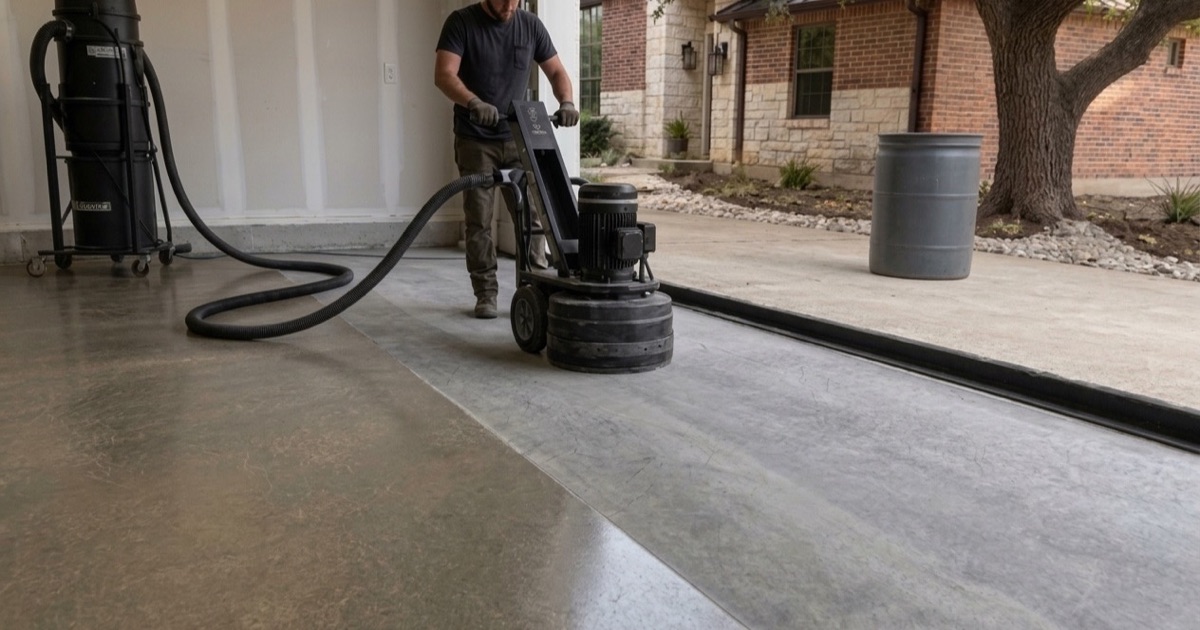 A Cedar Park garage floor job with rinse water contained at the threshold and run to a drum on the driveway.