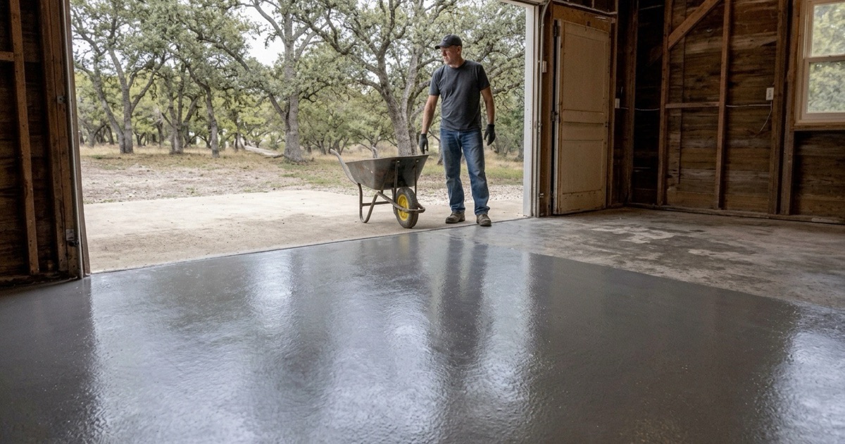 An older Georgetown garage slab half resurfaced in a gray overlay, with pale limestone showing in the thin soil at the drive edge.