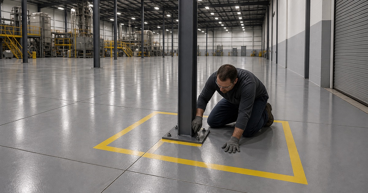 A coated single-span plant floor in Hornsby Bend with the film running cleanly up to a steel column base plate.