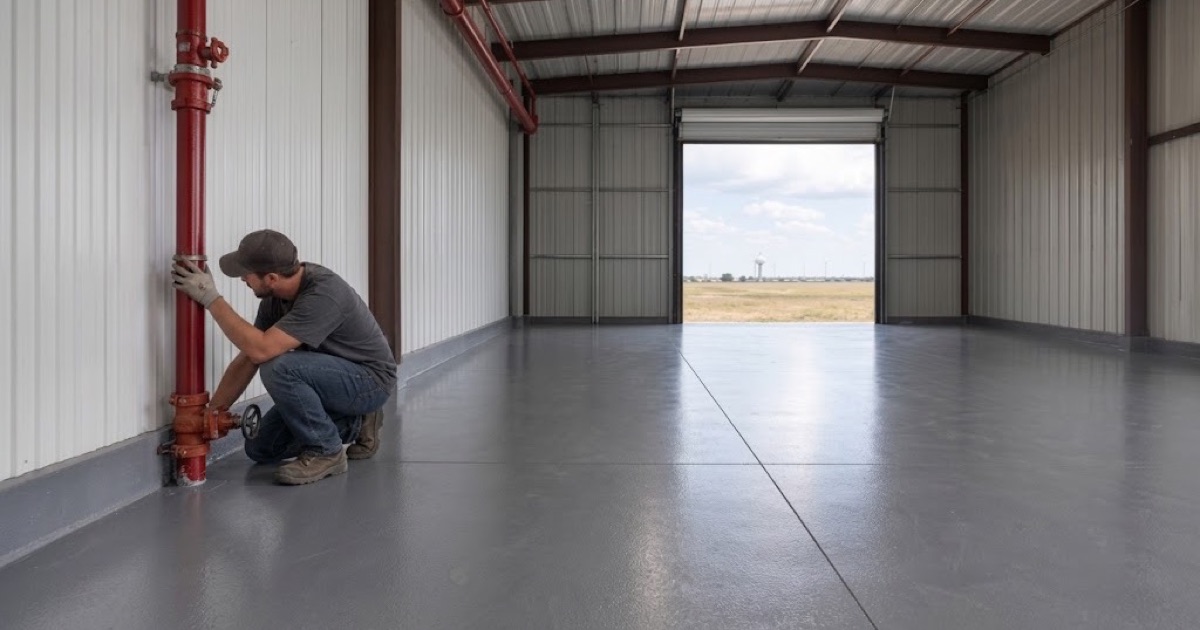 A coated commercial floor in Hutto running to a coved base beside the building’s fire riser, the dock door open to flat prairie.