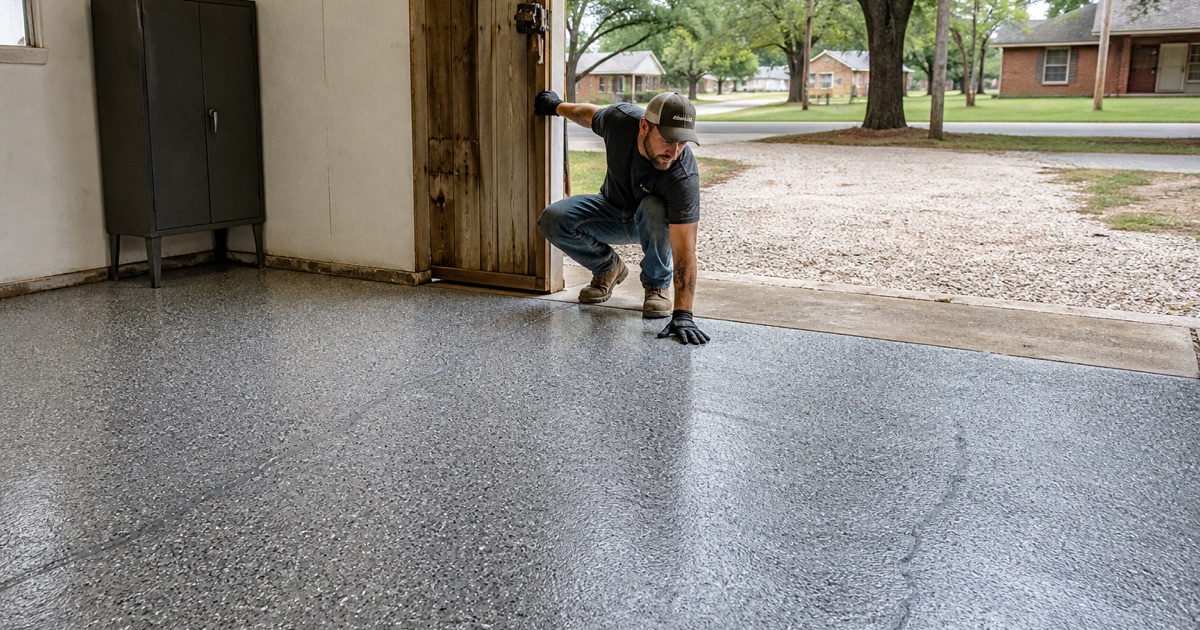 A coated detached garage slab in Jarrell with its old cracks filled and covered