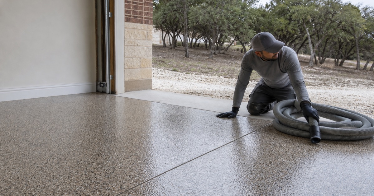 A completed flake garage floor in Lago Vista with the control joint filled flush