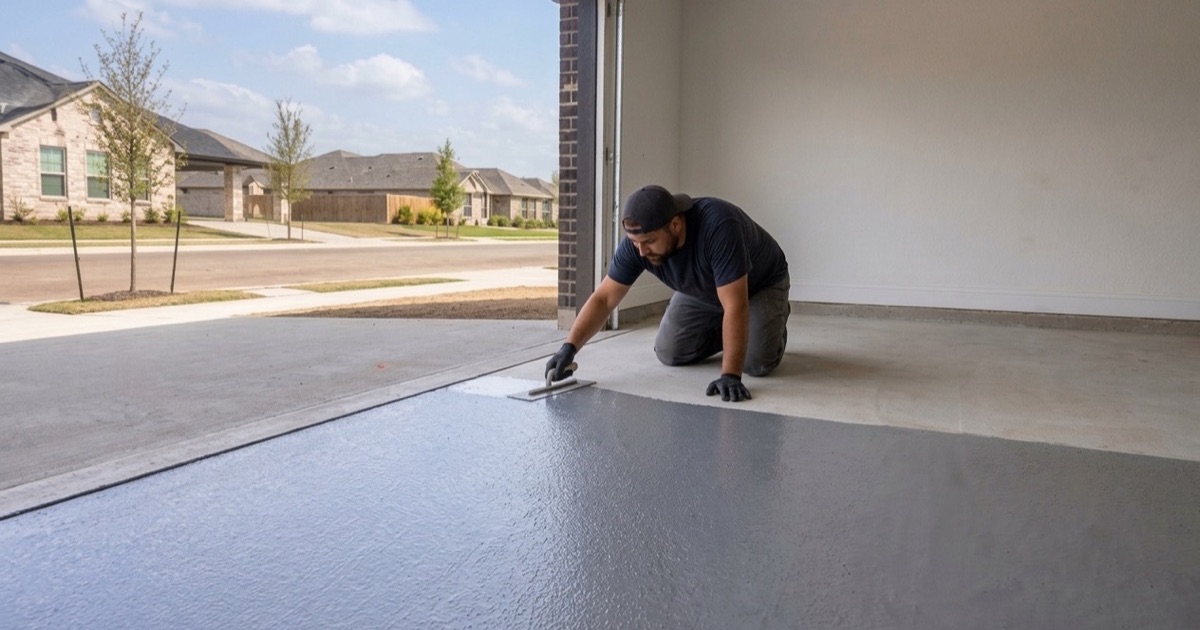The first coating going onto a brand-new Leander garage slab, the base coat rolled out to a straight wet edge.
