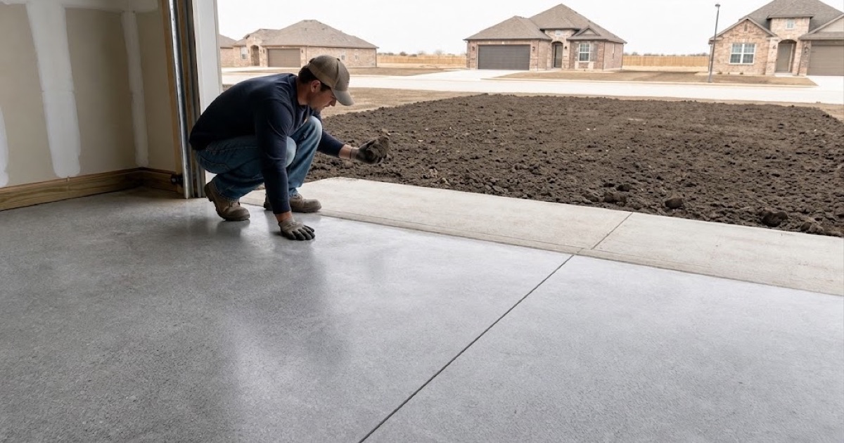 A prepared new garage slab in Manor with the unsodded yard beyond opened by wide shrinkage cracks in dark Blackland clay.