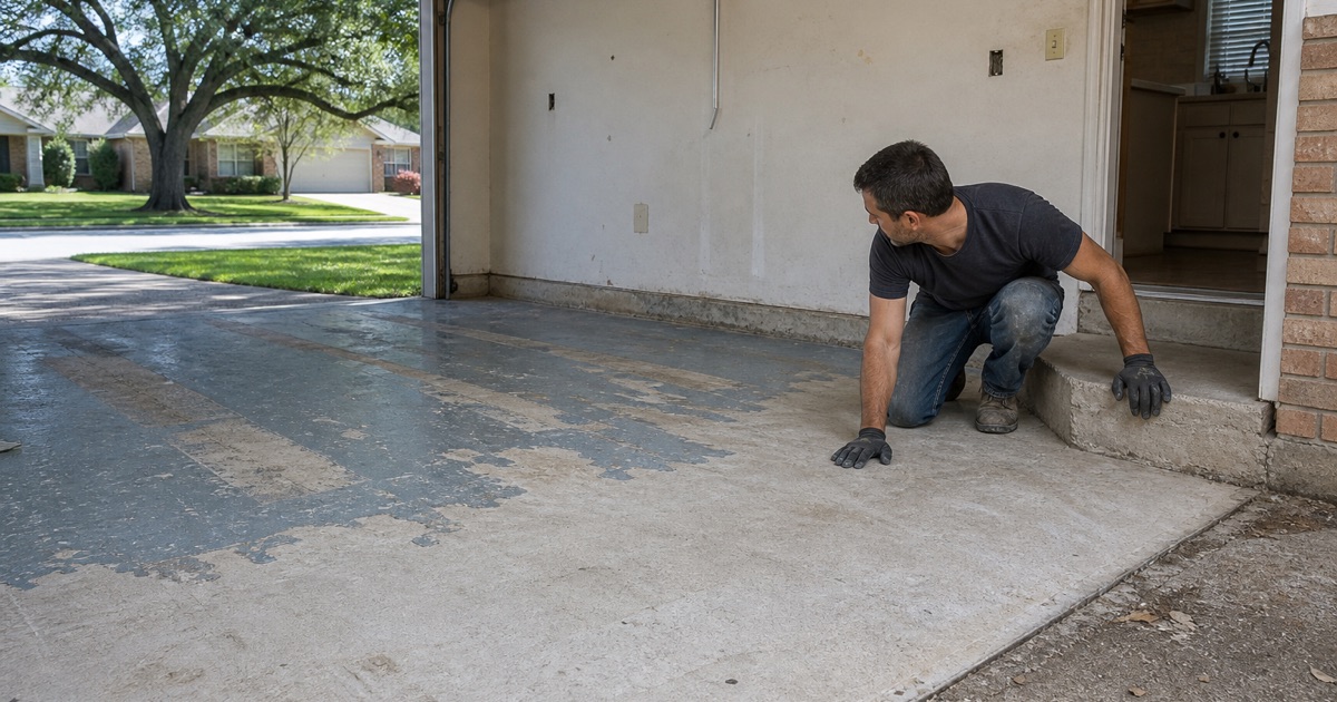 A 1980s Round Rock garage slab with an old failed coating half ground off, the second coating the floor has carried.