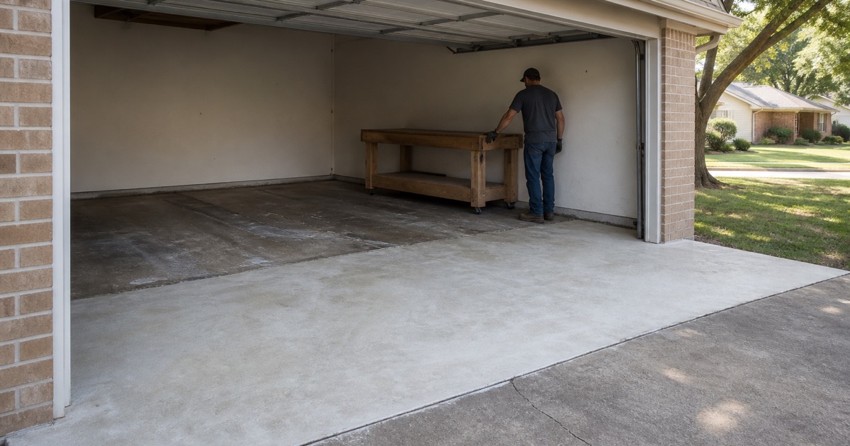 An old garage coating in Shady Hollow half ground back before recoating