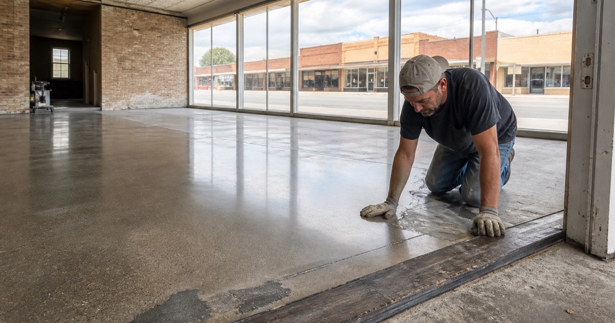 An old downtown Taylor storefront slab half polished, running to a worn timber threshold at the front door.