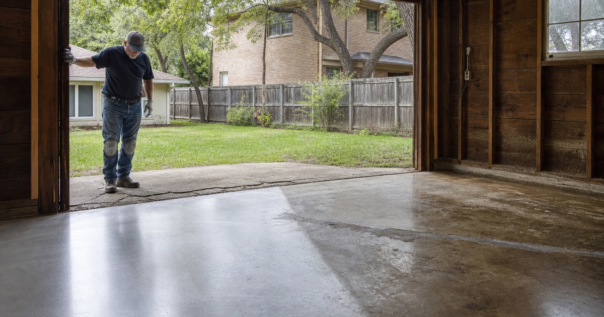 An old detached garage slab in Austin ground open to bare concrete, with a newer two-story house standing over the 1950s lot behind.