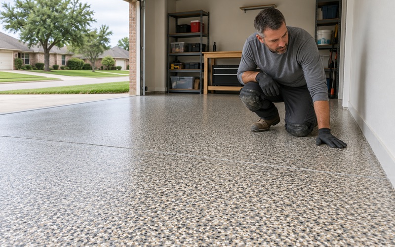 Flake broadcast in progress on a Pflugerville garage floor, an arc of gray, tan and black chip in the air above the wet base coat.