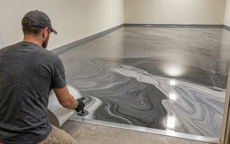 A metallic epoxy pour in Pflugerville with pearl and charcoal pigment marbling into a wet gray base coat.
