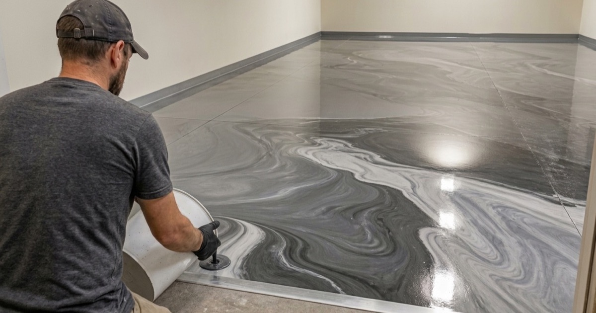 A metallic epoxy pour in Pflugerville with pearl and charcoal pigment marbling into a wet gray base coat.