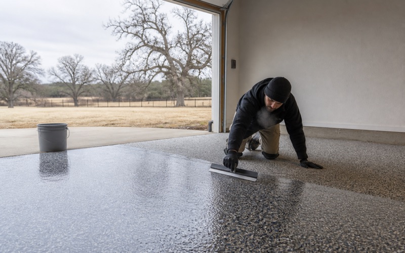 A polyaspartic topcoat being pulled across a Pflugerville flake floor on a cold morning, the wet edge straight across the bay.