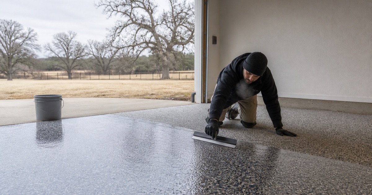 A polyaspartic topcoat being pulled across a Pflugerville flake floor on a cold morning, the wet edge straight across the bay.