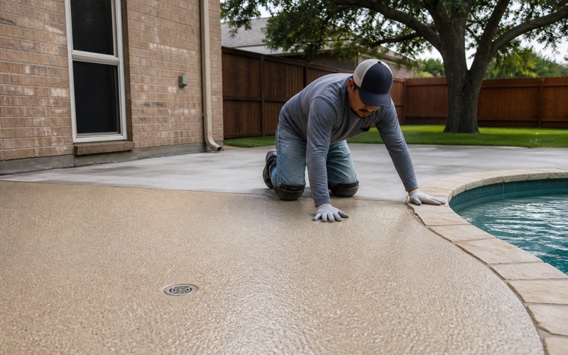 A Pflugerville pool deck half resurfaced in a textured sand-tone coating, stopping cleanly at the coping stone.